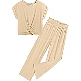 Arshiner Girls Summer 2 Piece Outfits Ribbed Short Sleeve Twist Front Tops and Wide Leg Pants Kids Loungwear Set Tracksuit