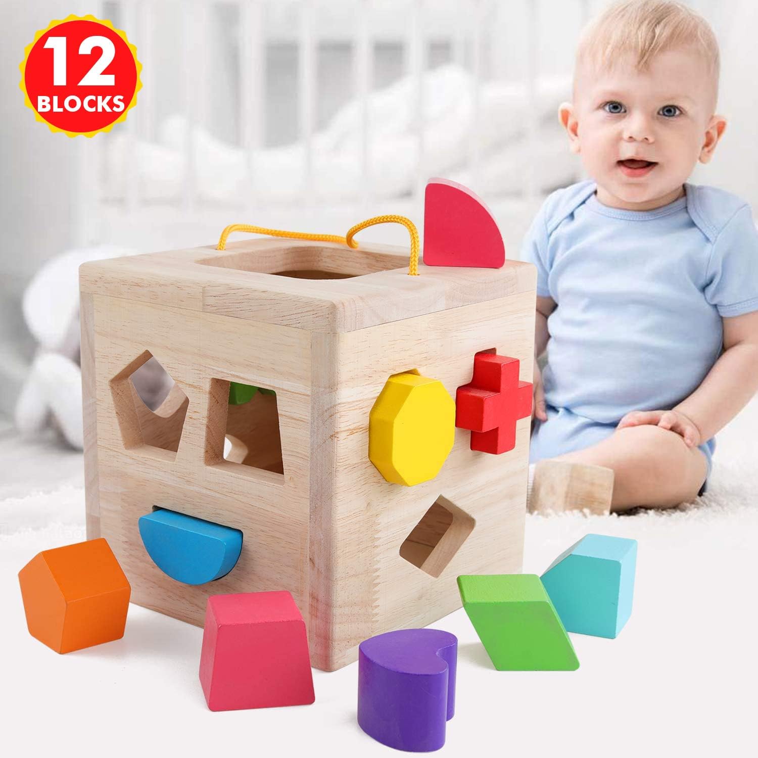 QZM Shape Sorter Toys with 12 Colorful Wood Geometric Shape Blocks and Sorter Sorting Cube Box Classic Wooden Developmental Toy for Preschool Toddlers Girl Boys Birthday Gift…
