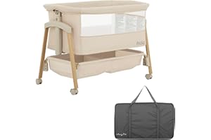 EVOLUR évolur Lullaby Portable Bassinet with Wheels, Adjustable Bedside Sleeper, Breathable Mesh Sides, Large Storage Basket, Easy Fold, and Travel Bag Included, Perfect for Newborns & Infants - Biege