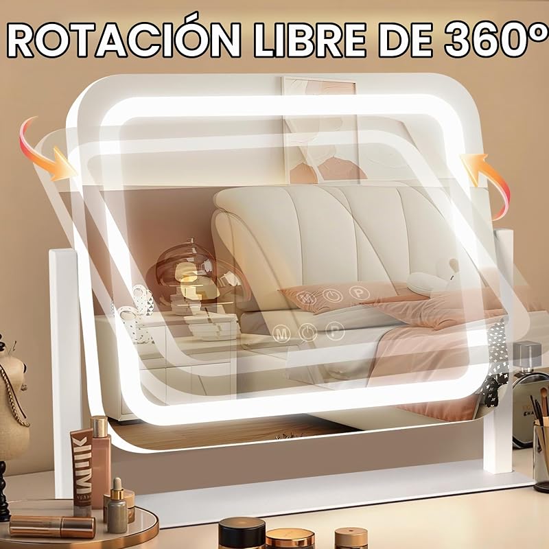 Espelho de maquilhagem com luz, espelho de penteadeira 3 modos de luz, intensidade ajustável, controlo tátil, rotação de 360°, acessório de ampliação incluído, 35 x 30cm, branco