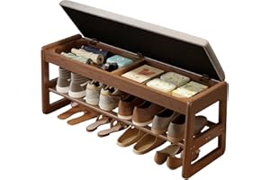 KASLANDI Shoe Rack Bench with Cushion,2 Tiers Shoe Bench with Flip-Open Storage Box,Wood Entryway Bench for Hallway, Mudroom（Walnut 2-Tier,39.4"）