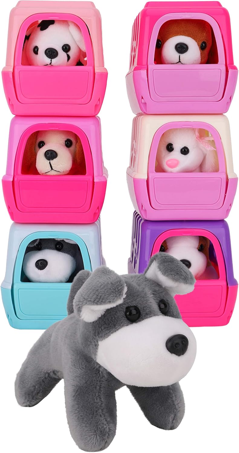 Toyland® 15cm Plush Puppy Dog In Carrier - Assorted Colours - 1 At Random, gray, 15cm x 9cm x 11cm