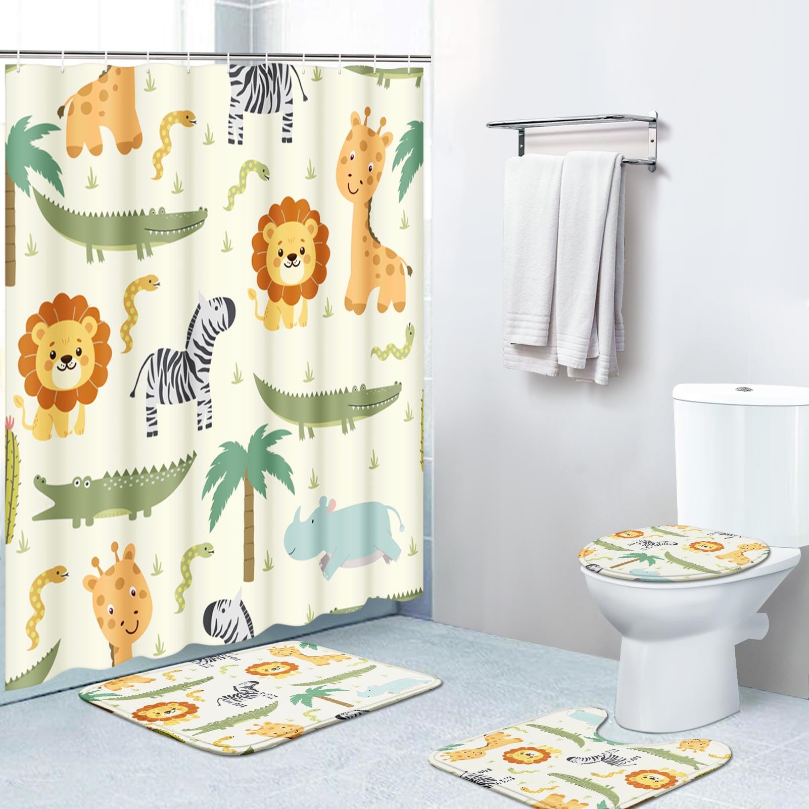 Photo 1 of Britimes 4 Piece Shower Curtain Sets, Safari Kids Animals Cute with Non-Slip Rugs, Toilet Lid Cover and Bath Mat, for Bathroom Decor Set, 72" x 72"