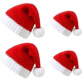 Berlune 4 Pcs Family Matching Christmas Hat Knit Red and White Slouchy Beanie Knit Crochet Santa Hat with Pom Ball Knitted Warm for Parent Child Xmas