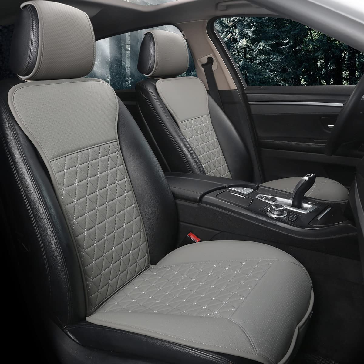 Photo 1 of Black Panther 1 Pair Luxury PU Car Seat Covers Protectors for Front Seats, with Partial Backrest Coverage (Middle Part Only), Triangle Pattern, Compatible with 95% Cars - Grey