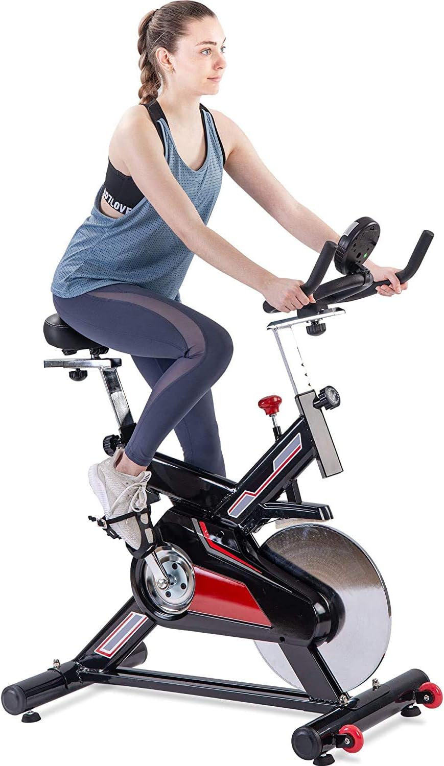 Indoor Cycling Exercise Bike Belt Drive Stationary Bicycle with LCD Monitor and Comfortable Seat Cushion for Home Cardio Workout …