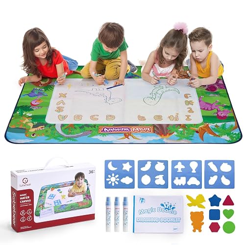 Warmiehomy Aquadoodle Mat 150x100cm Big Dinosaur Water Doodle Mat Animal Drawing Mat for Kids with 3 Brushes, Magic Colouring Book, Some Painting Moulds, Educational Toys, Gift for Toddlers Boys Girls