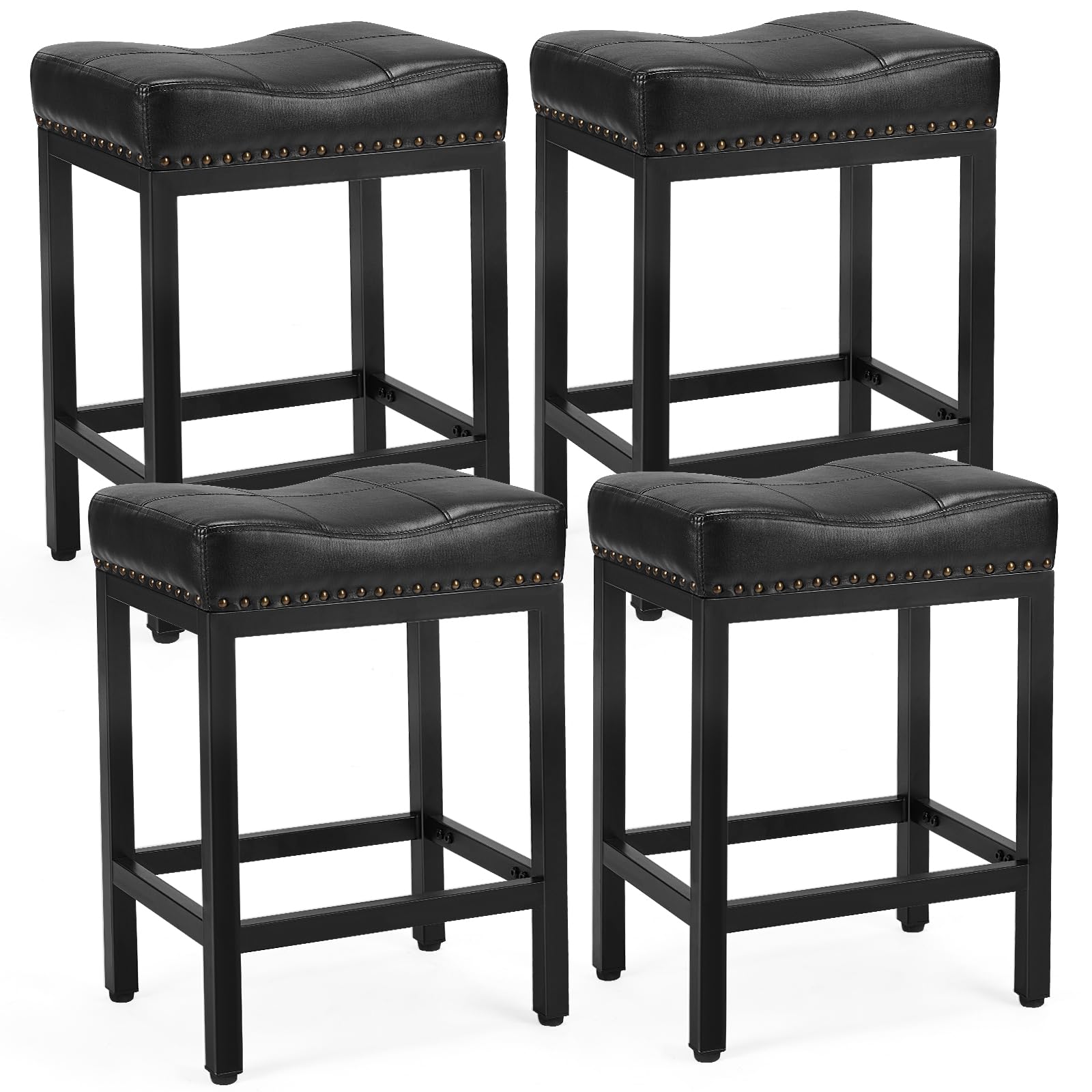 DUMOS Saddle Bar Stools Set of 4, 24 Inch Counter Height Stools with Curved PU Leather Surface, 3.7" Thick Upholstery Bar Height Stools with Footrest for Kitchen Island, Dining, Cafe, Black Image