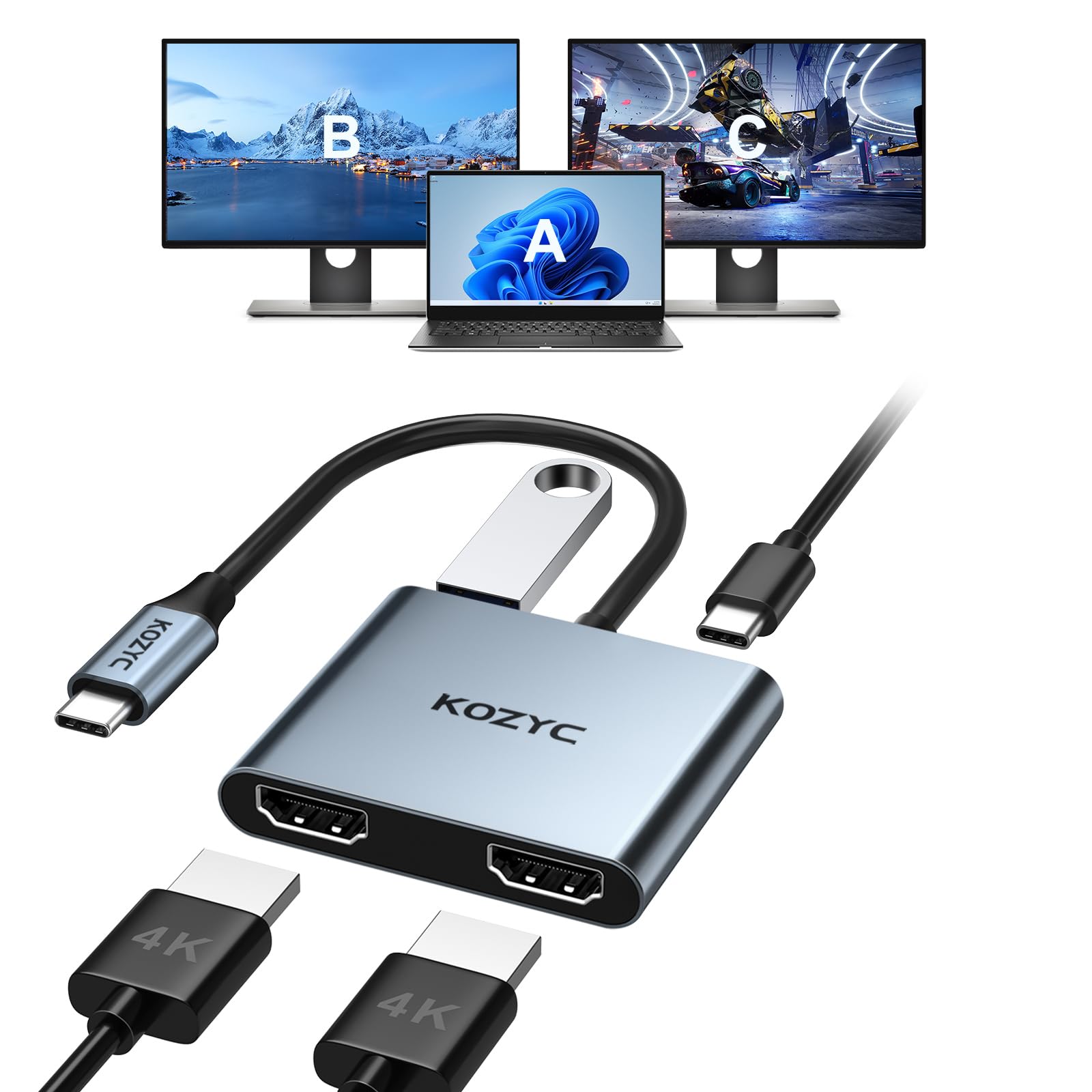 Photo 1 of USB C to Dual HDMI Adapter 4K@30Hz, KOZYC USB C Hub Multiport Adapter with 2xHDMI, USB 3.0, 100W PD, Support USB C to HDMI Splitter Extended Display for MacBook Pro (MST is not Supported on MacOS)