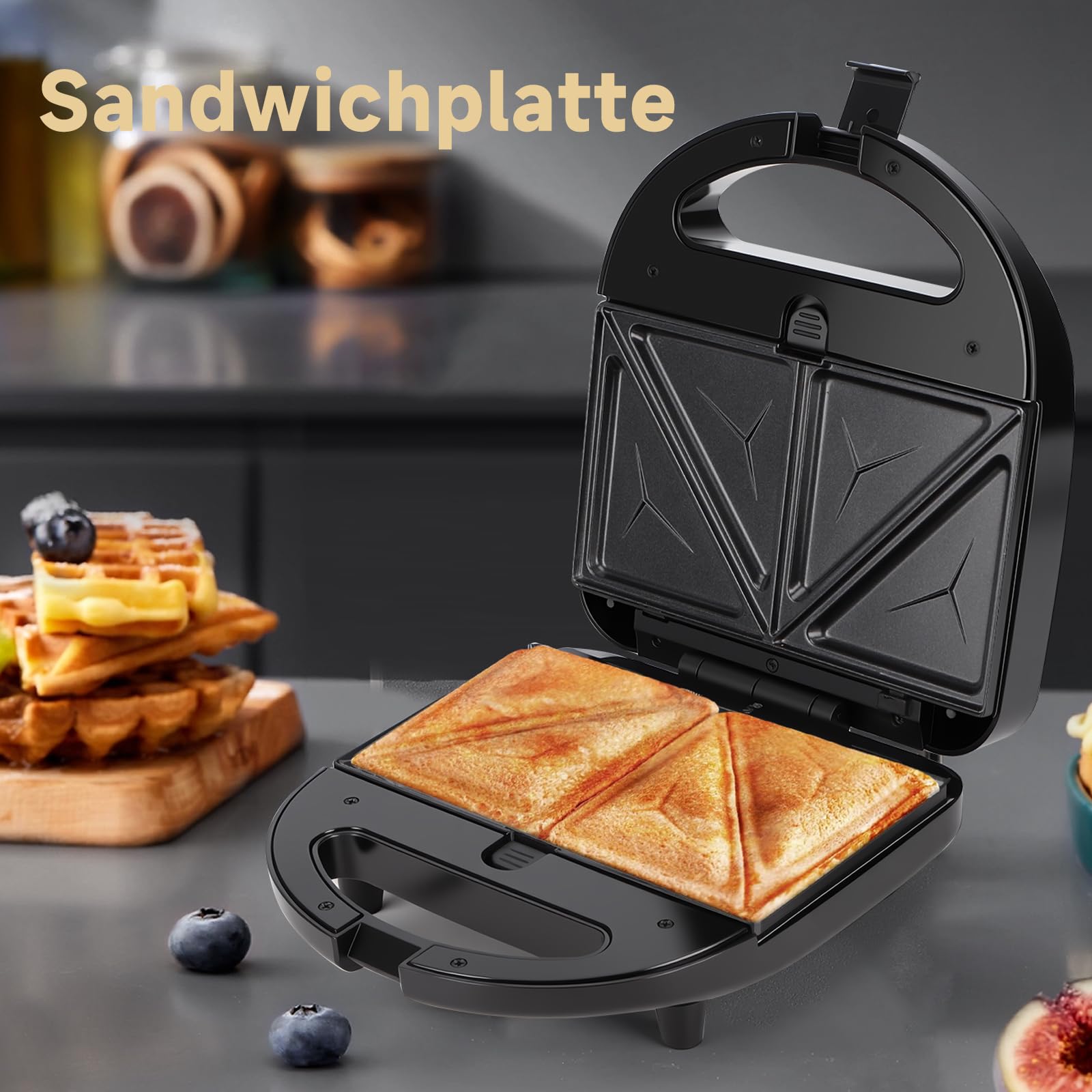 Sandwichmaker 3 in 1, Sandwichtoaster, Kontaktgrill, Waffeleisen 3 in 1, 3 Abnehmbare, Spülmaschinengeeignete und Antihaftbeschichtete Grillplatten, Dreieckig Sandwich Maker 30JVU, 750 W 9
