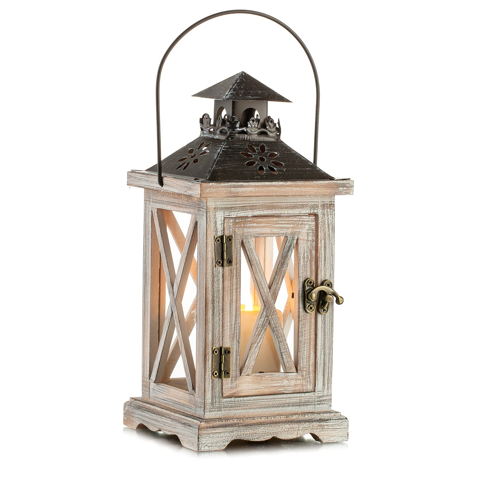 Romadedi Wooden Candle Lantern Rustic Farmhouse - Distressed Wood Candle Holder Lantern Decorative for Vintage Home Decor Shabby Chic Wedding Fireplace Mantel Patio Table Decoration 28 cm, Size S