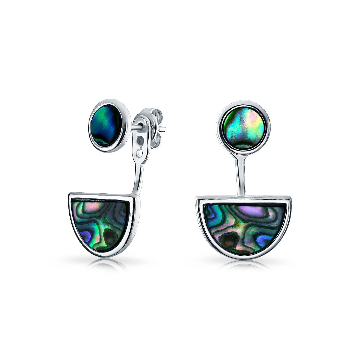 Geometric Boho Circle Disc Half Moon Abalone Shell Front Back Earrings With Stud Removable Jacket For Women .925 Sterling Silver