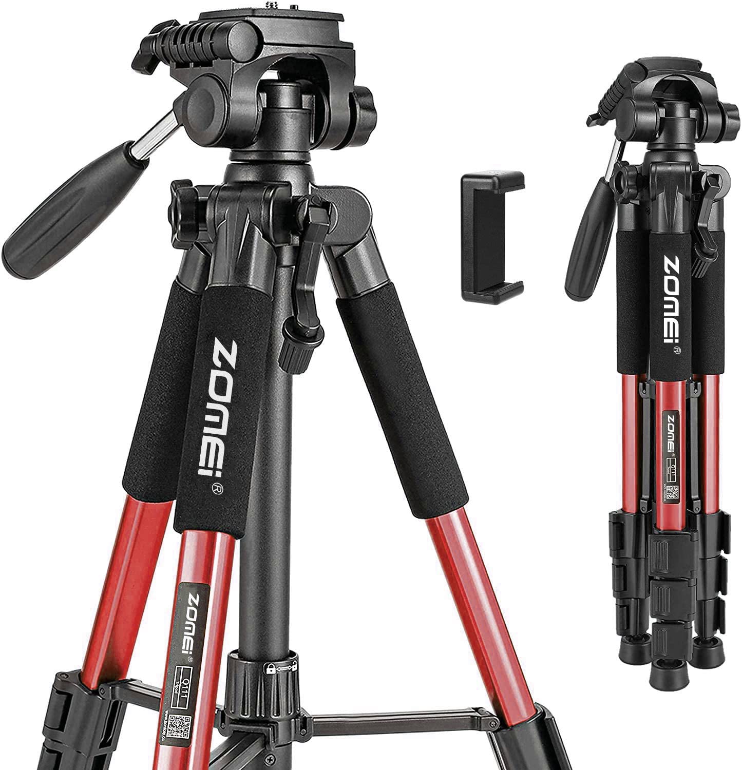 Camera Tripod, ZOMEI Q111 55-inch Flexible Travel Tripod with 3-Way Pan Head and Carry Bag for Projector Gopro DSLR EOS Canon Nikon Sony Samsung Tablet Smartphones YouTube Live Chat (Red)