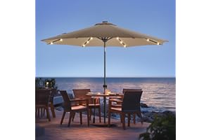 wikiwiki 10ft Solar Led Patio Umbrella, Sturdy Outdoor Market Umbrella for Deck, Pool, Garden w/Tilt, Crank, 32 LED Lights, Tan