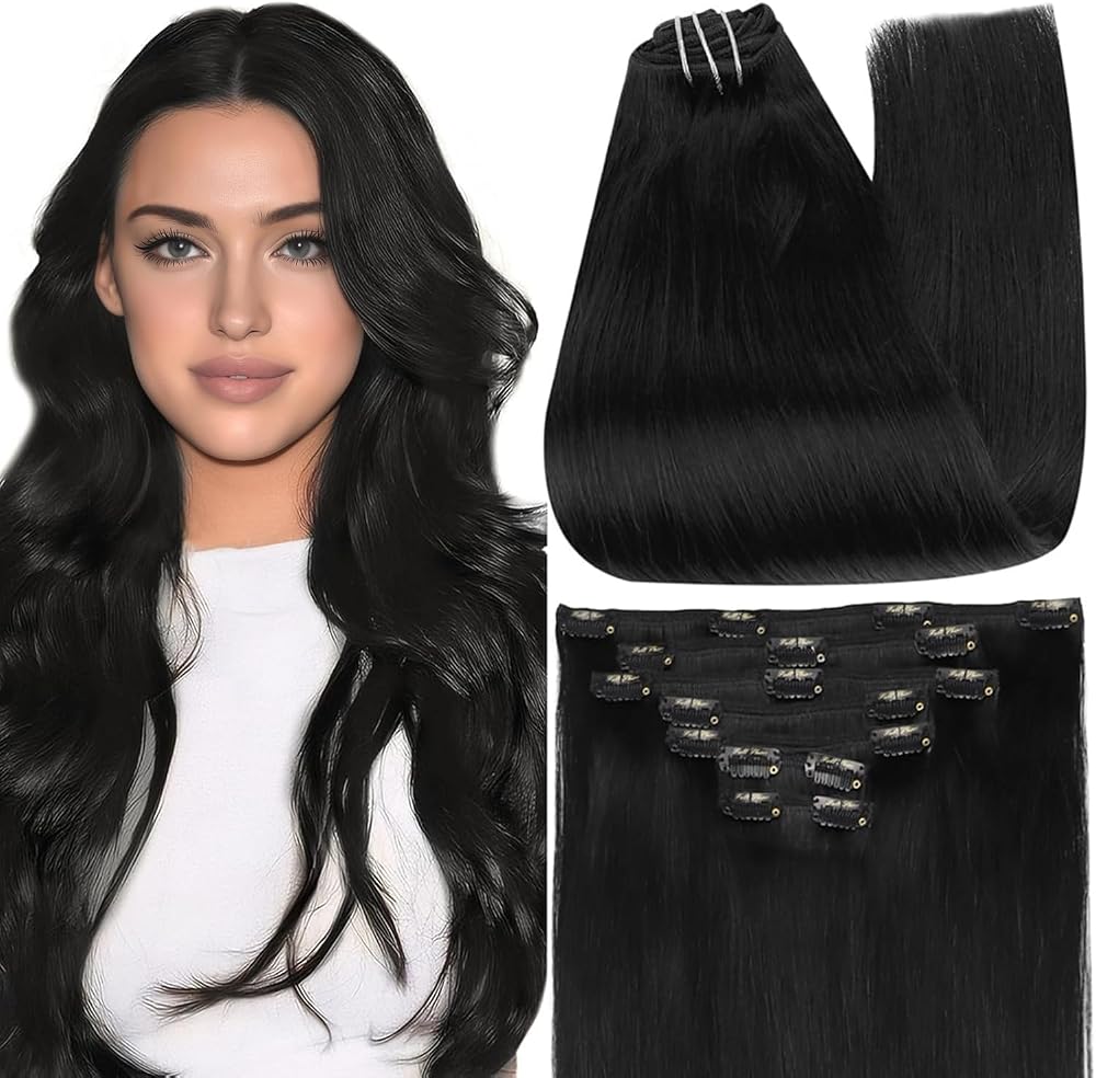 Full Shine Black Clip in Hair Extensions 24 Inch Remy Hair Extensions Clip ins Human Hair Jet Black Natural Hair Clip in Exte