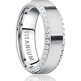 TUNGSTORY Mens Engagement Rings Silver Titanium Cubic Zirconia Eternity Ring 8mm Anniversary Wedding Band Simulated Diamond Inlay Comfort Fit Size 7-12