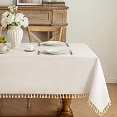 JIALE Cream Tablecloth Square 55 Inch, Linen Look | Ivory Farmhouse Boho Waterproof Wrinkle Free Table Cloth with Tassels for Kitchen Dining Parties Wedding Banquet