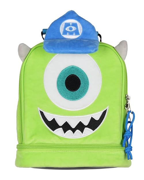 Disney Monsters Inc Lunch Box Mike Wazowski Plush Fuzzy Embroidered Face 3D Ears and Hat Insulated Lunch Bag Tote For Hot And Cold Food