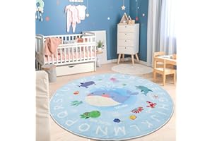 AKASISRUG Soft Round ABC Rug for Kids Room,4 ft Washable Circle Nursery Rug,Non-Slip Whale Alphabet Baby Kids Rug Carpet for Nursery Playroom Bedroom Kids Room Decor