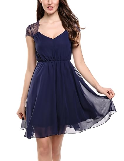 Zeagoo Damen Elegant Sommerkleid Chiffon Kleid Festliches Cocktail Party Kleid mit Spitze Kurz A Linie
