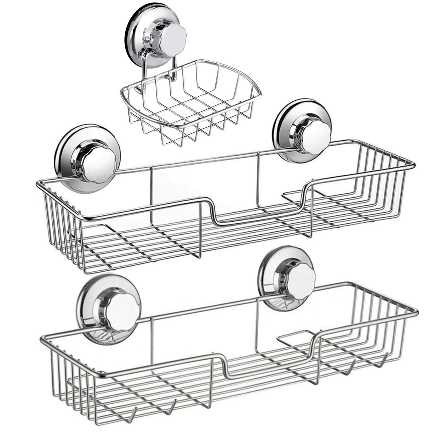 iPEGTOP Shower Caddy Basket Shelf & Soap Dish Holder for Bathroom Shampoo Conditioner Kitchen Storage Organizer SUS304 Stainless Steel, No Drilling Suction Cup - 3 Pack