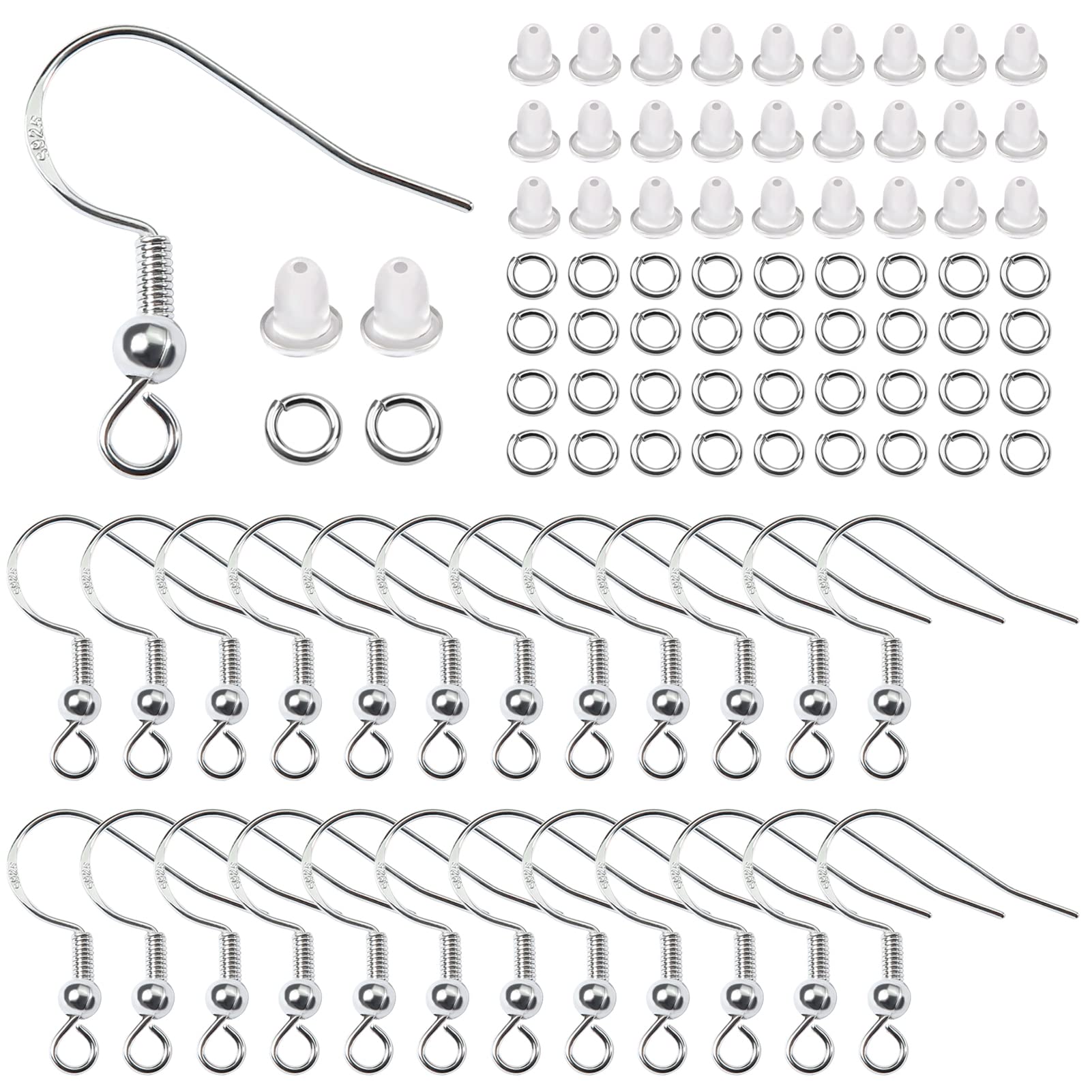 TOAOB 300pcs 18mm 925 Silver Plated Hypoallergenic Ear Wires French Wire Hooks and 4mm Open Jump Rings Starter Kit for Jewellery Making