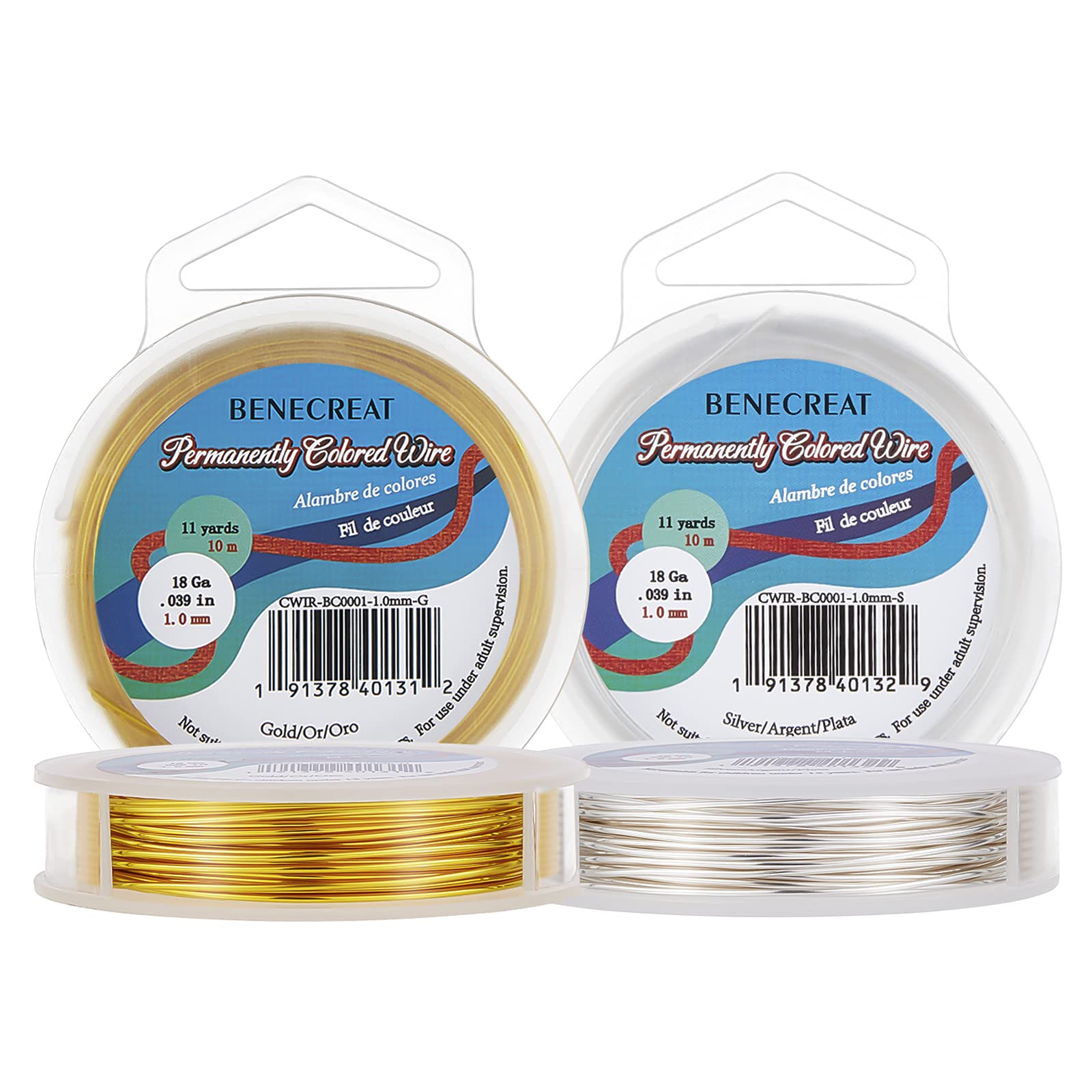 BENECREAT 2PCS 1.0mm(18 Gauge) Tarnish Resistant Wire, Mixed color(Gold and Silver), 10M/11Yard per color, 2 Color/Set