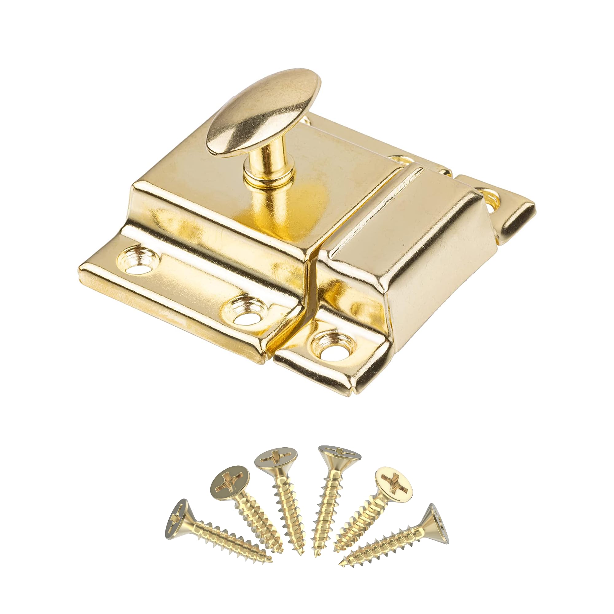 Photo 1 of Large Stamped Brass Stamped Cabinet Door Latch - 2 1/8" × 2 1/8" - Spring Loaded Cupboard Door Latch with Oval Turn - Vintage Cabinet Hardware | UA-140-LPB (1)