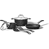 Starfrit The Rock 7PC Non-Stick Cookware Set - Durable Forged Aluminum - Oven Safe - PFOA Free - Easy to Clean - Black