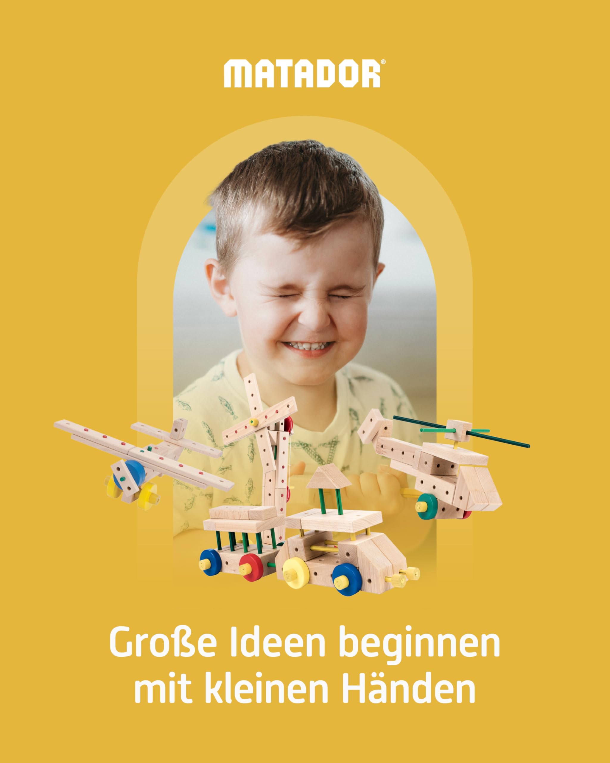 Matador Kinder Baukasten ab 3 Jahren 108-tlg. - Spannendes Holz Konstruktionsspielzeug zur Schulung von Kreativität und Feinmotorik, Bauspielzeug mit Stäbchen, Klötzen, Hammer & Zange 8