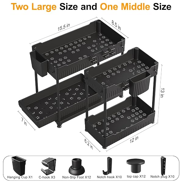 SEVENBLUE 3 PACK UNDER SINK ORGANIZERS,2-TIER MULTI-USE KITCHEN AND BATHROOM ORGANIZERS AND STORAGE WITH SLIDING DRAWERS,BATHROOM CABINET ORGANIZER (BLACK,12.8 INCH)