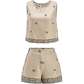 winkbay Women's 2 Piece Beach Vacation Outfits Summer Boho Print Crew Neck Top and Wide Leg Shorts Set