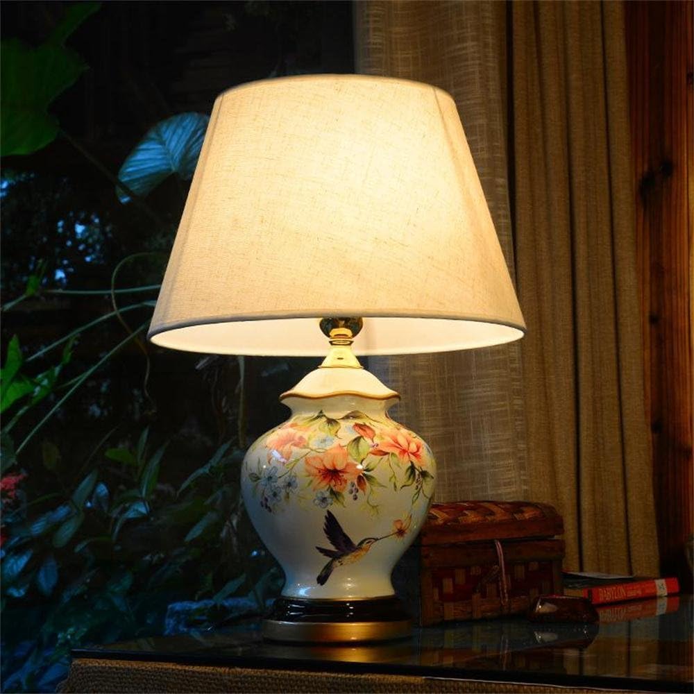 Ideal Reading Light- European-Style Garden Bedroom Bedside Warmly Decorated Chiffon Fabric dimming Ceramics Table lamp -Desk and Bedside Lighting (Style : D)