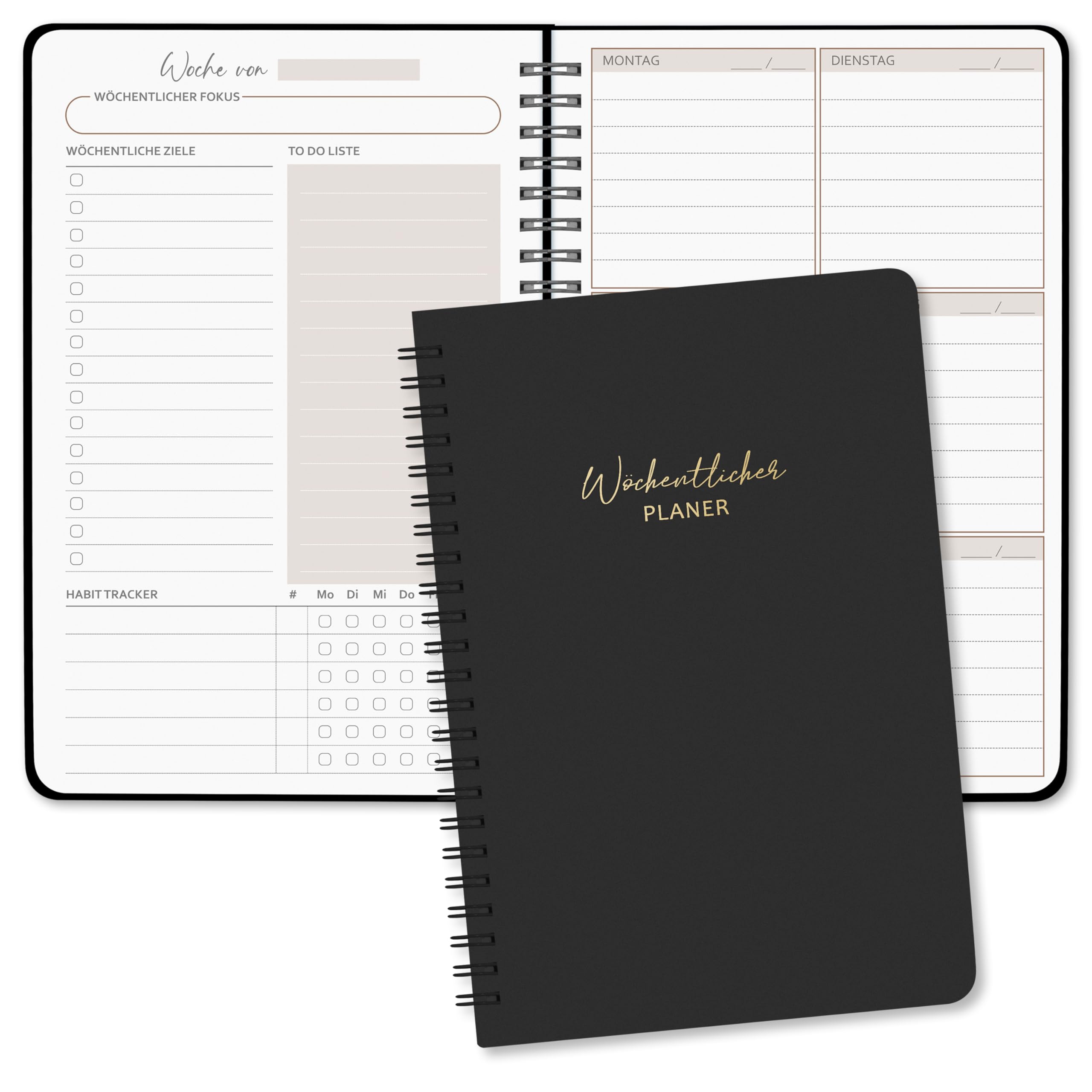 BIROYAL Undated Weekly Planner A5 Weekly Diary with To-Do List, Large Note Field, 52 Sheets Diary in German Ring Binder with Hard Cover Planner Black