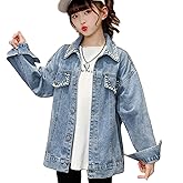 Rolanko Girls Denim Jackets, Basic Oversized Jean Jacket for Girls Fall Outwear Button Down Trucker Jacket 5-14 Years