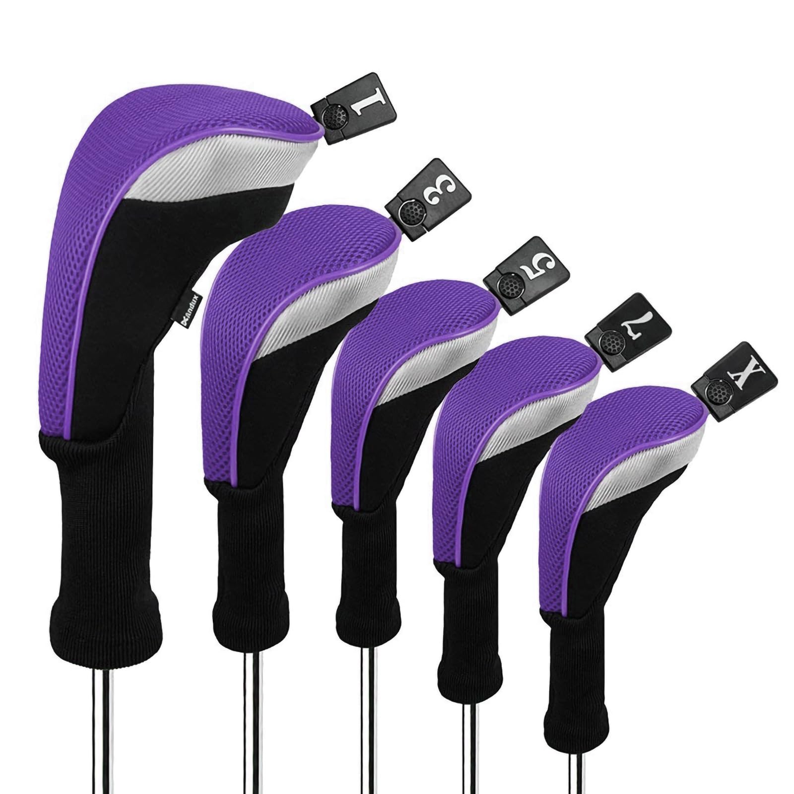 Andux 5pcs/Set Golf 460cc Driver Fairway Wood Club Head Covers Long Neck Black/Purple