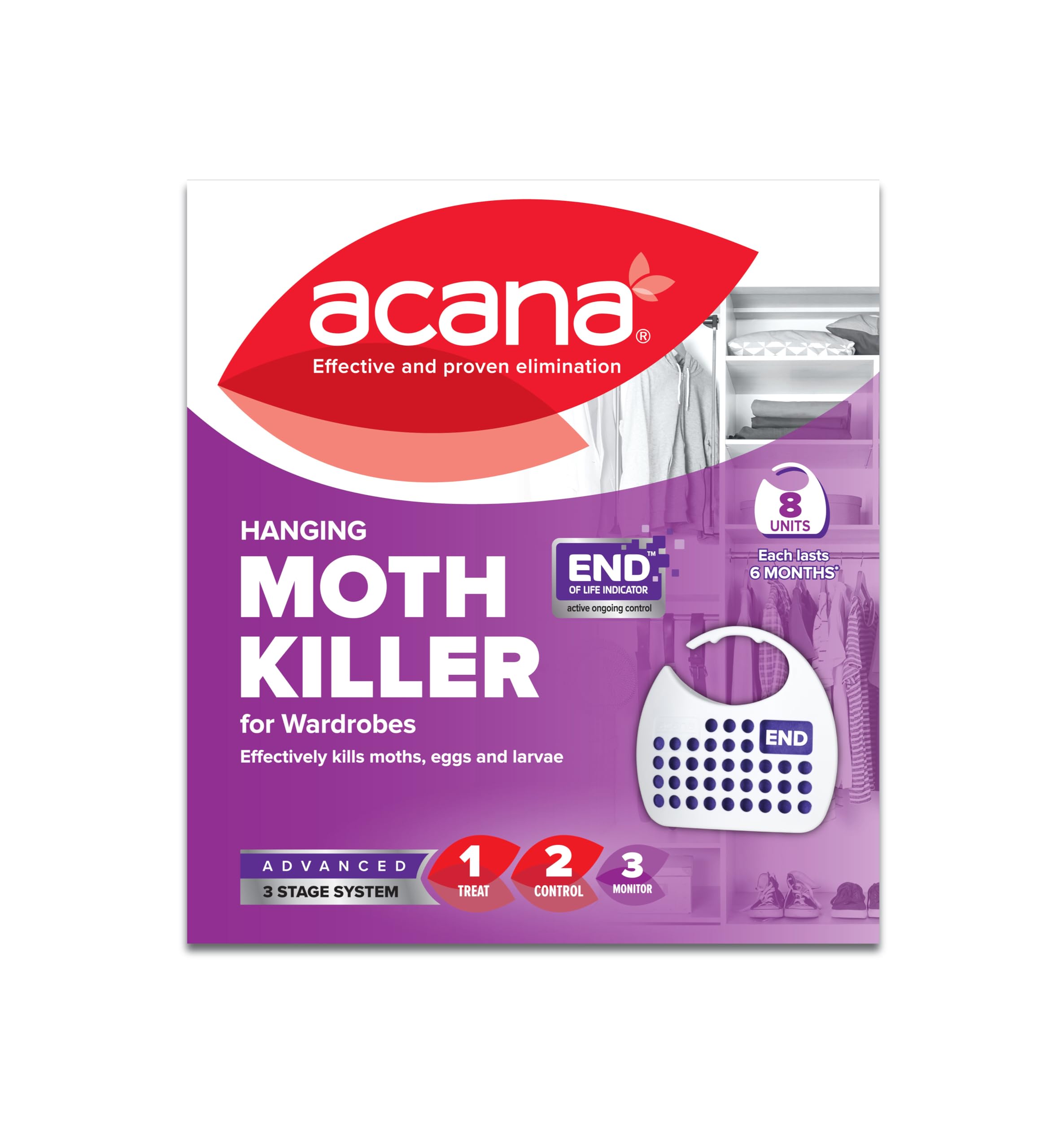 Acana Hanging Moth Killer & Freshener, 8 Pack - Lavender Fragrance, Natural Oils - For Wardrobes - Protects Clothing & Bedding - Each Lasts 6 Months