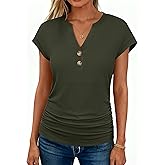 ANRABESS Womens Cap Sleeve Henley Shirts V Neck Ruched Side Top 2026 Summer Dressy Work Blouse Business Casual Outfits