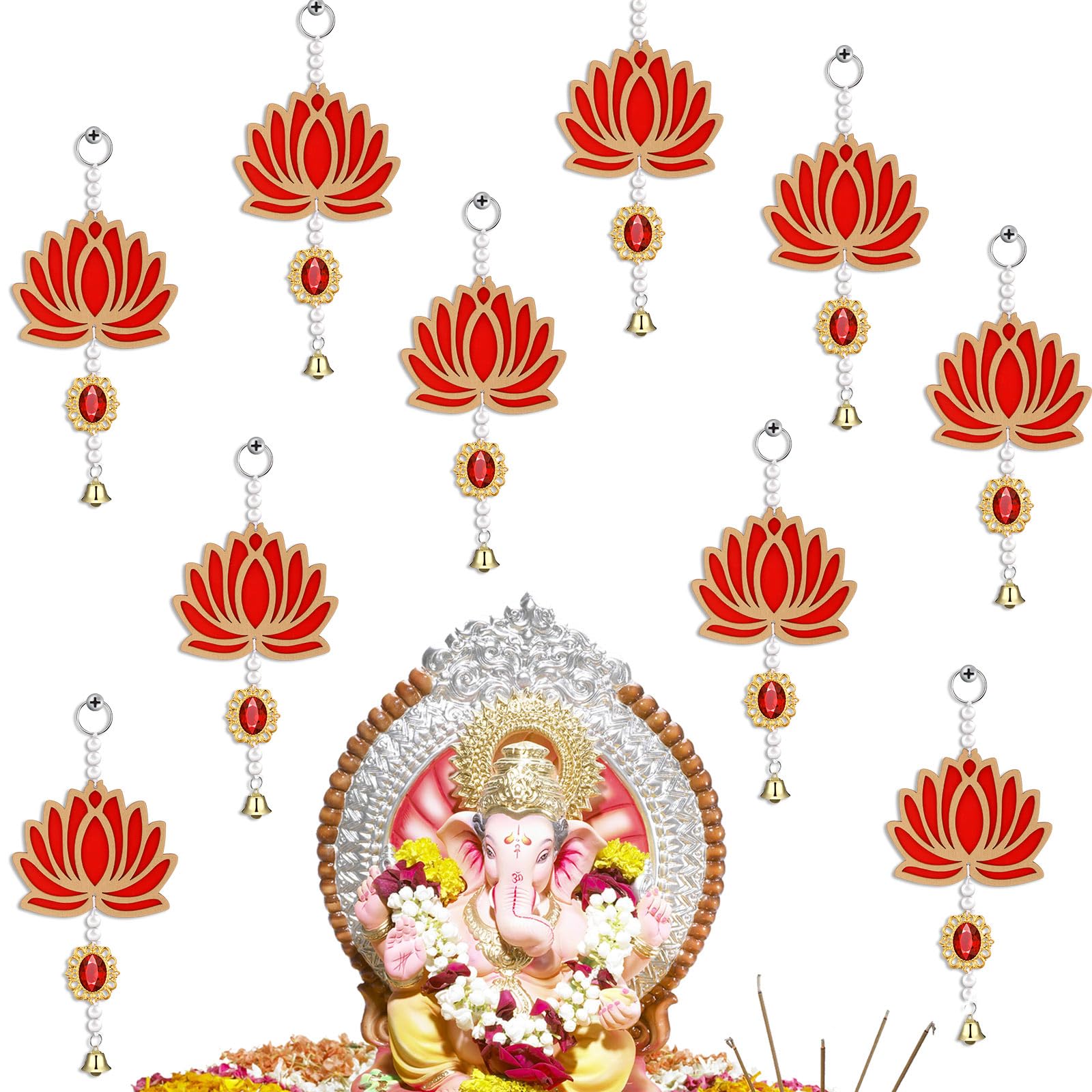 Photo 1 of Wonderjune 10 Pcs Lotus Decorations for Pooja Diwali Floral Wall Hanging Garlands for Temple Decor Indian Pooja Wood Decoration Back Dropper Showpiece for Diwali Home Wall Room Decor(Bell Style)