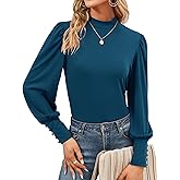 Qirno Womens Mock Neck Puff Long Sleeve Tops Casual Loose Solid Basic T Shirt Button Cuffs Pullovers Shirts Blouse