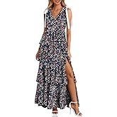 Wenrine Womens Summer Floral Maxi Dress Tie Strap Sleeveless V Neck High Slit Boho Ruffle Tiered Beach Dresses