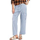 Cicy Bell Womens Cotton Cargo Pants Low Rise Drawstring Waist Wide Leg Casual Hiking Pants with Multiple Pockets