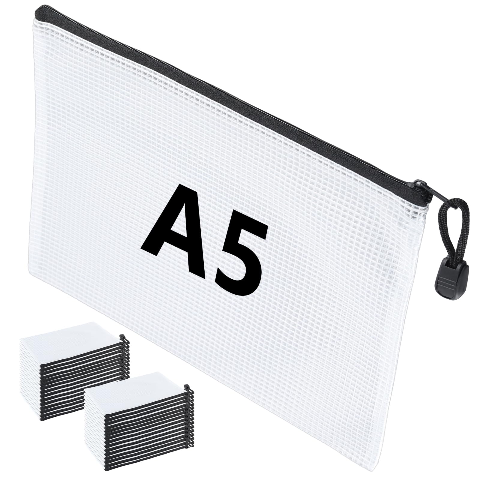 SINJEUN 30 PCS A5 Plastic Zip Wallets, Mesh Zipper Pouch Document Bag Plastic File Wallets, A5 Zip Bag for Home, Office Supplies