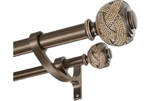 HOSMILE Antique Bronze Double Curtain Rods 72 to 144 Inches, Decorative Double Drapery Rod with Aluminum Alloy Brackets, Heavy Duty 1” Front and 5/8” Back Telescoping Double Windows Rod with Classic Finials