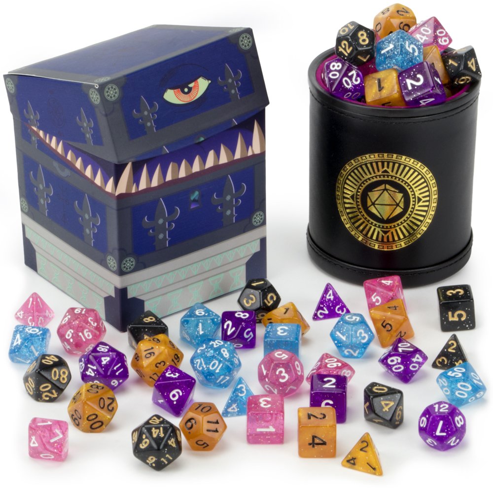 Wiz Dice Cup of Wonder: 5 Sets of 7 Premium Glitter Polyhedral Role Playing Gaming Dice for Tabletop RPGs with Black Bicast Leather Dice Cup by