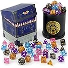 Wiz Dice Cup of Wonder: 5 Sets of 7 Premium Glitter Polyhedral Role Playing Gaming Dice for Tabletop RPGs with Black Bicast Leather Dice Cup by