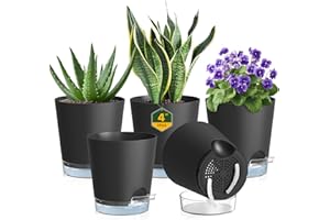 Meowell 4 inch Self Watering Pots for Indoor Plants, 5 Pack Small Flower Plant Pots with Drainage Holes and Clear Reservoirs, Visible Water Level, Plastic Planters with Wicking Rope, Black