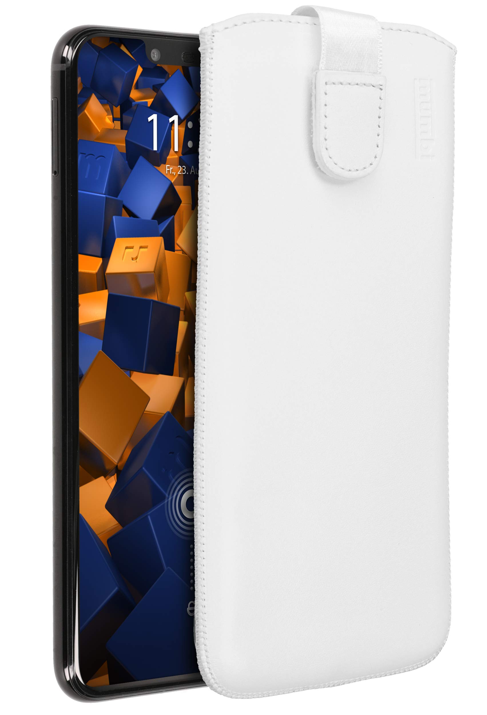 mumbi Genuine Leather Case with Flap and Pull-Out Tab for Huawei Mate 20 Lite White