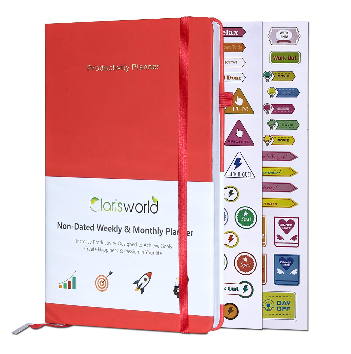 Clarisworld A5 Productivity Planner Weekly, Monthly and Year Planner with Pen Loop, to Achieve Your Goals & Improve Productivity, Thick Paper, Inner Pocket, Undated (Red)