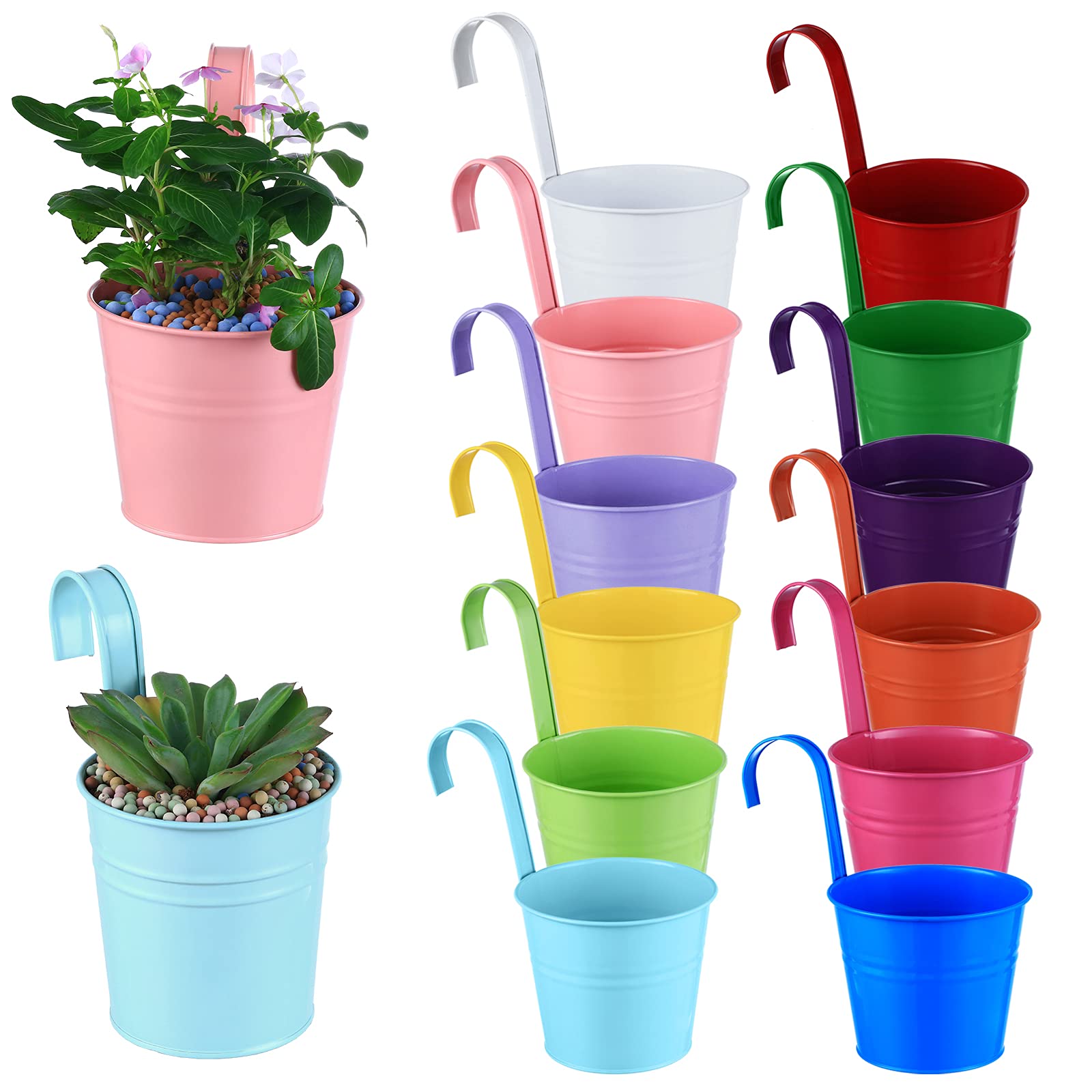 Photo 1 of 12 Pack Balcony Planters Railing Hanging, Colorful Railing Planter 5.2 Inches Plant Pots with Drainage Holes Hanging Plant Holder Indoor Hanging Planters